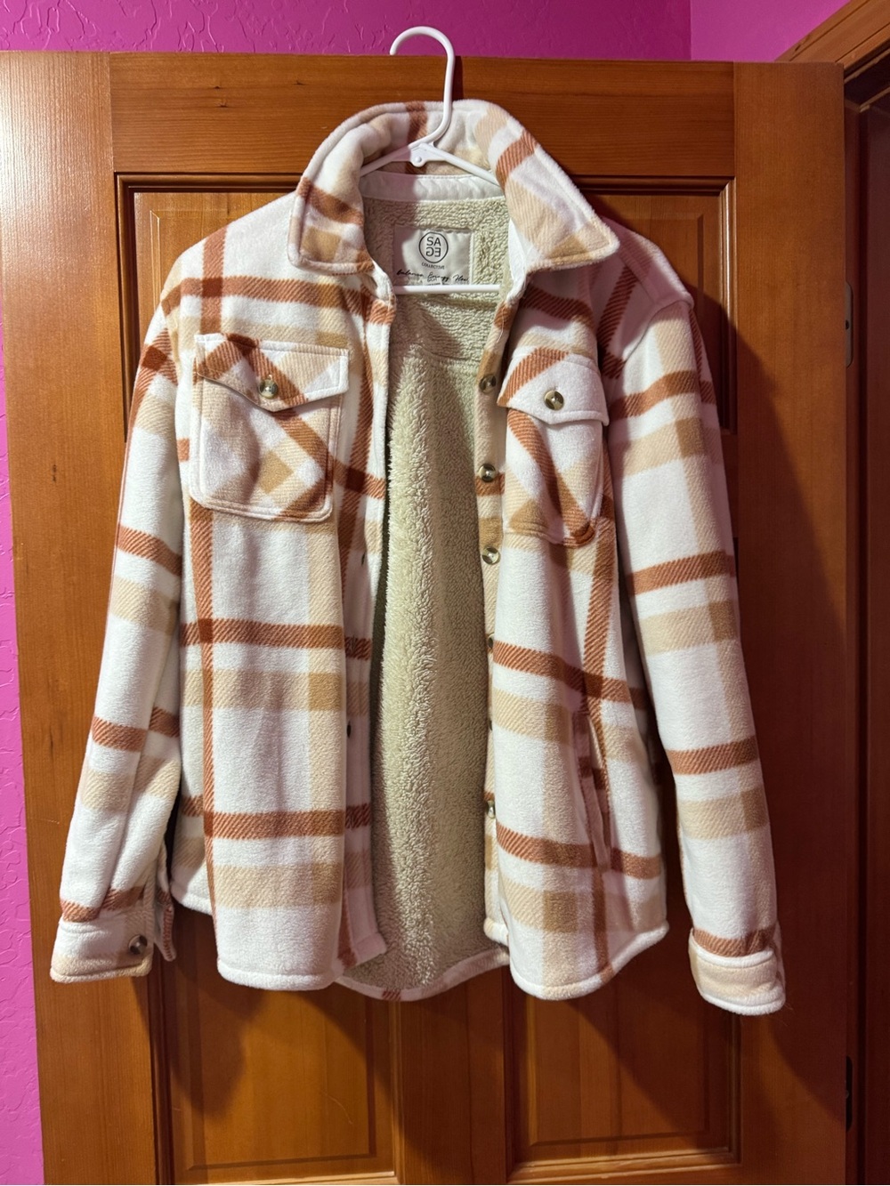 Sage White & Tan Plaid Teddy-Lined Shacket